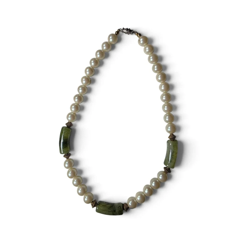 Vintage Faux Pearl and Faux Jade Statement Cocktail Necklace Boho Chic Green